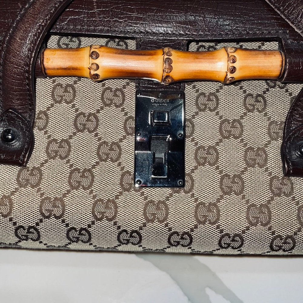 Vintage Gucci Barrel Bullet Bag GG Monogram Bamboo Canvas Leather Logo